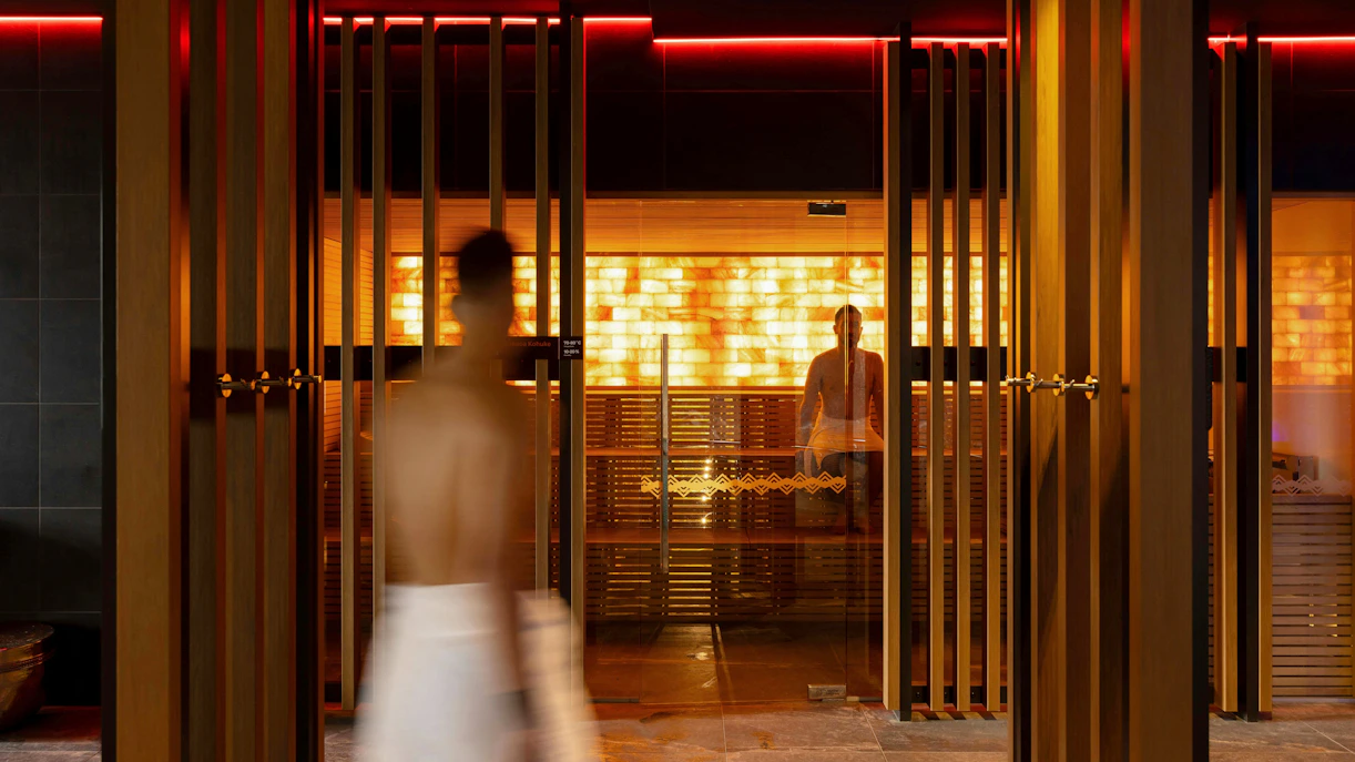 Wai Ariki Hot Springs sauna with glowing salt walls, Rotorua.