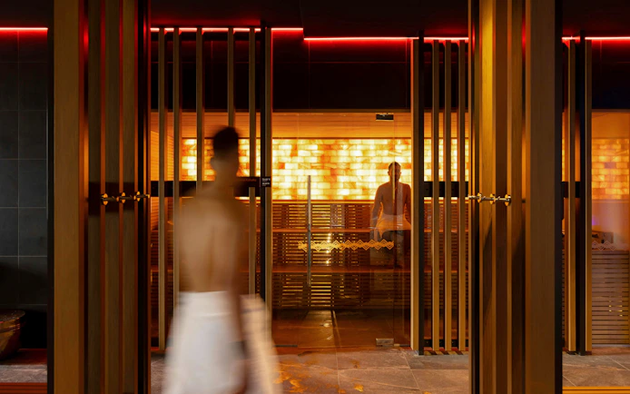 Wai Ariki Hot Springs sauna with glowing salt walls, Rotorua.