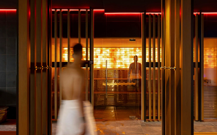 Wai Ariki Hot Springs sauna with glowing salt walls, Rotorua.