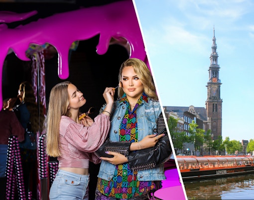 Madame Tussauds Amsterdam wax figure with makeup artist; Amsterdam canal cruise boat near Westerkerk.