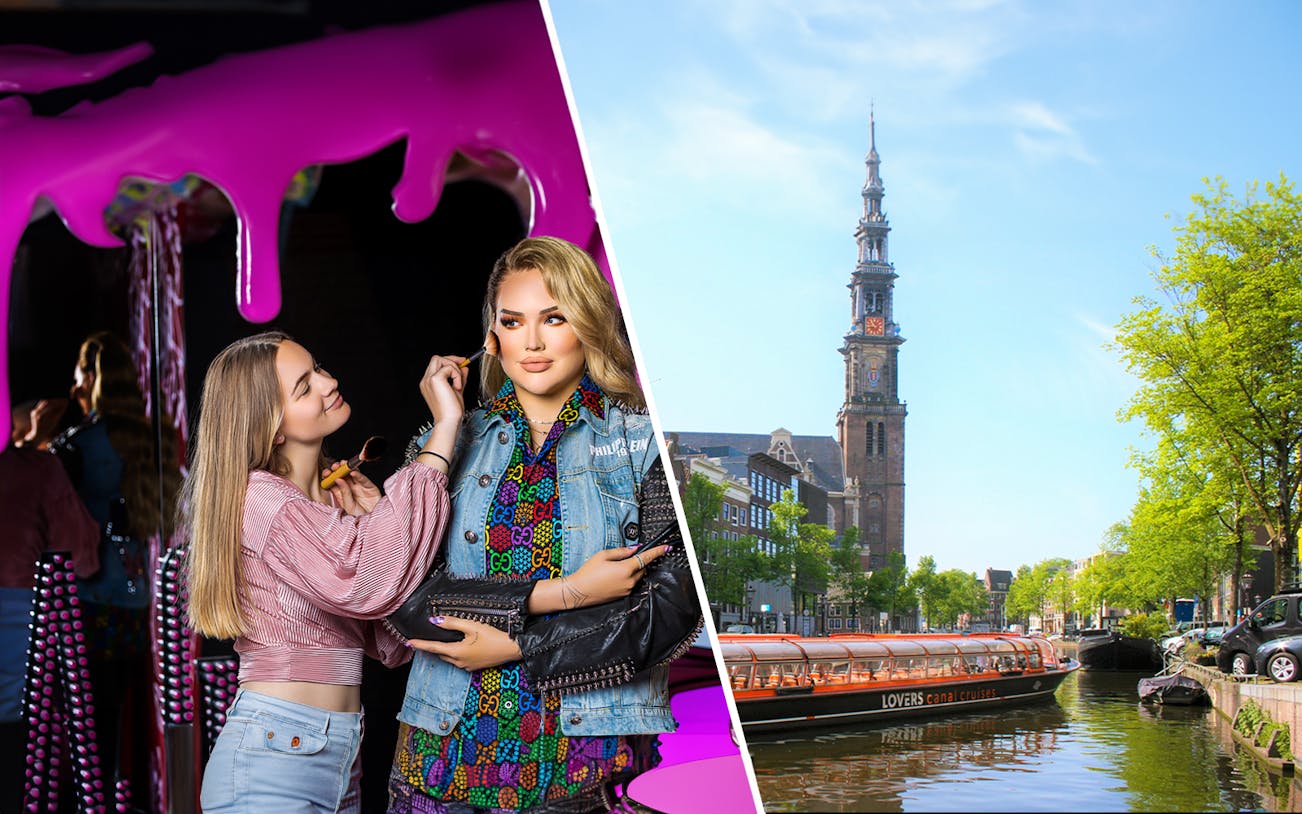 Madame Tussauds Amsterdam wax figure with makeup artist; Amsterdam canal cruise boat near Westerkerk.