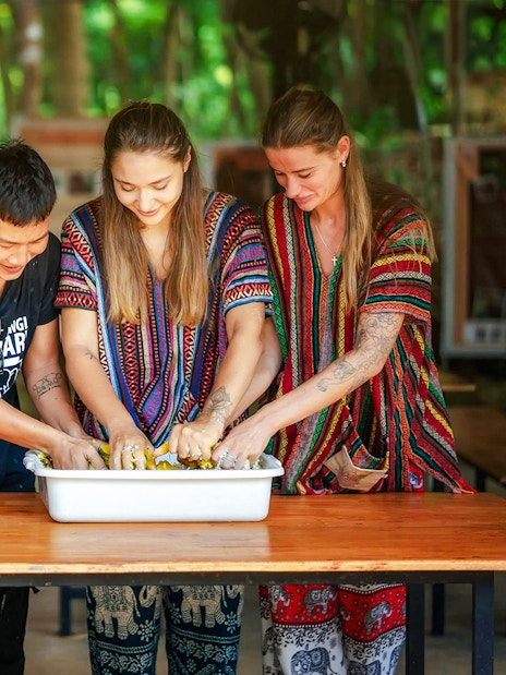 Visitors preparing food for elephants at Elephant Jungle Sanctuary, Phuket.