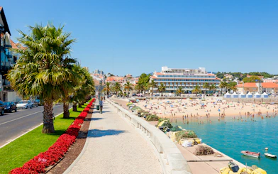 Cascais street with ocean view, palm trees, and fishing nets along the beach.