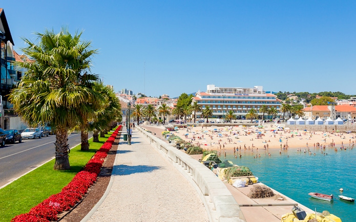 Cascais street with ocean view, palm trees, and fishing nets along the beach.