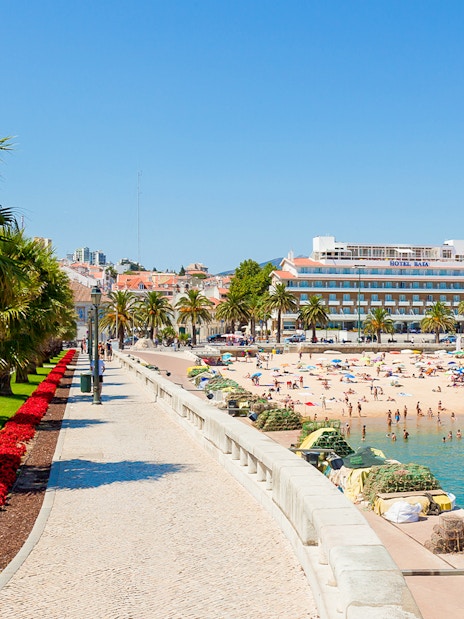 Cascais street with ocean view, palm trees, and fishing nets along the beach.