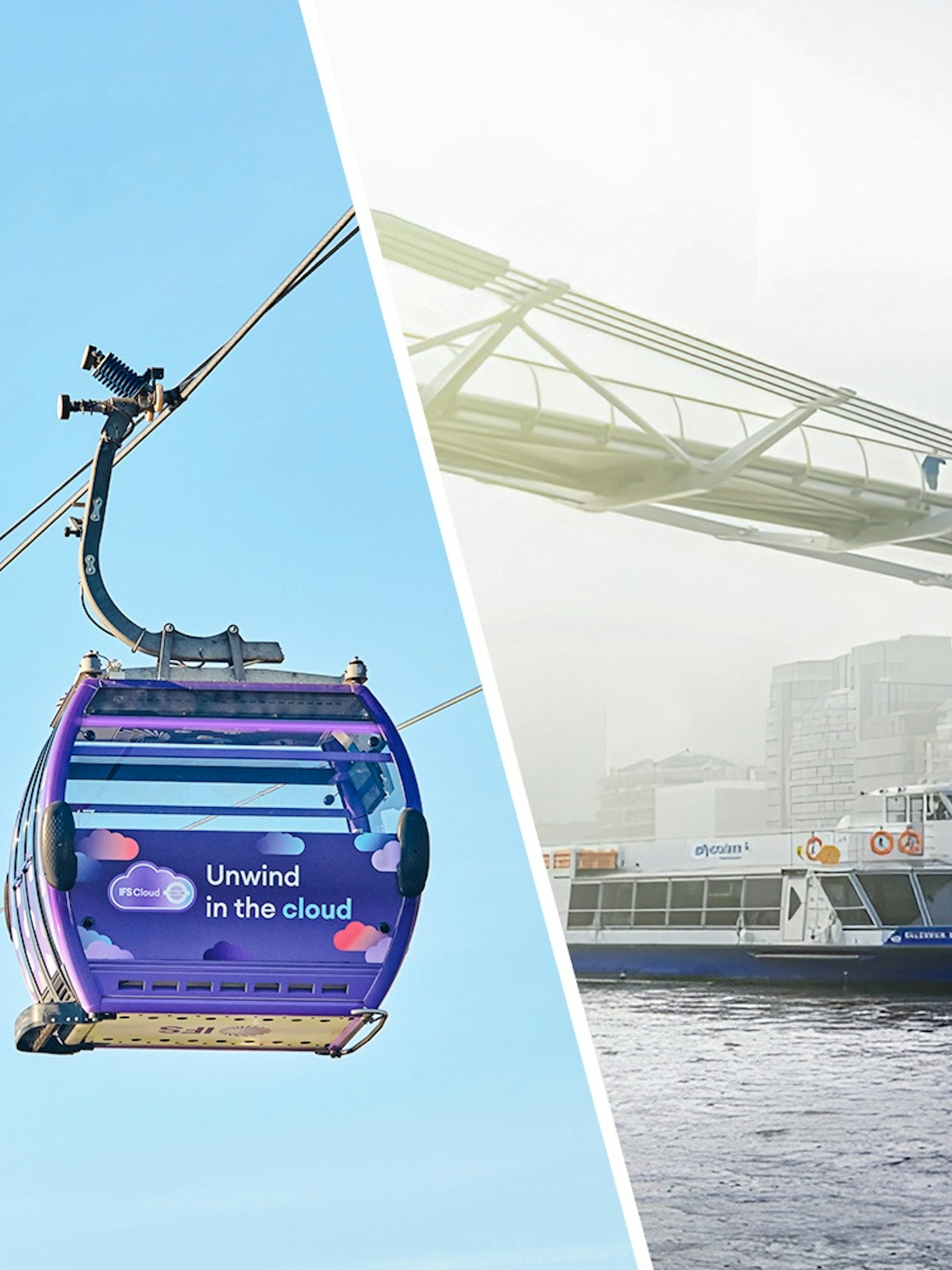 IFS Cloud Cable Car over River Thames in London with cityscape in background.