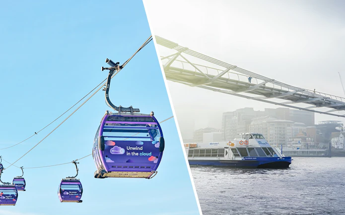 IFS Cloud Cable Car over River Thames in London with cityscape in background.