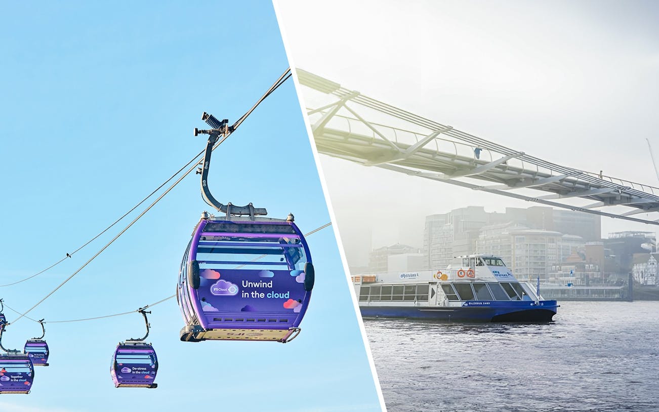 IFS Cloud Cable Car over River Thames in London with cityscape in background.