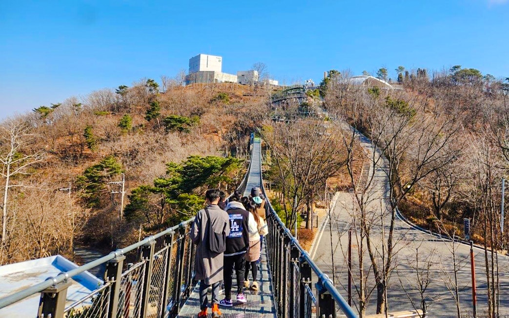 People crossing a suspension bridge towards Aegibong Observatory, DMZ, South Korea.