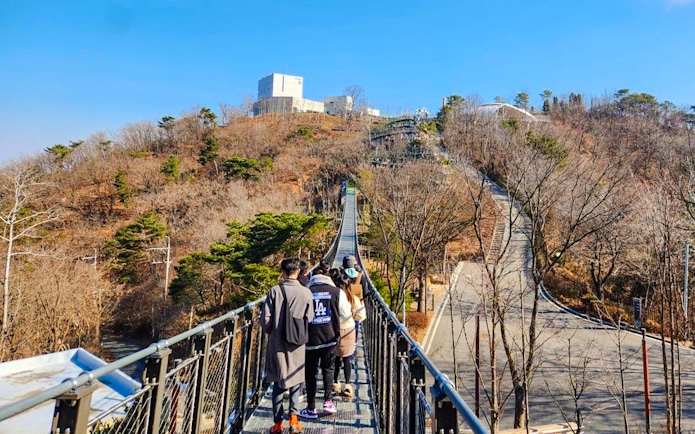 People crossing a suspension bridge towards Aegibong Observatory, DMZ, South Korea.
