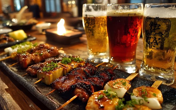 Yakitori skewers with beer glasses on a wooden table in a Japanese restaurant.