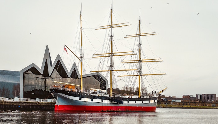 Tall ship moored by the Riverside Museum in Glasgow, Scotland.