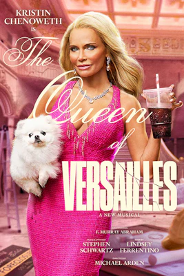 Actress in pink dress holding a small dog and drink, promoting The Queen of Versailles musical.