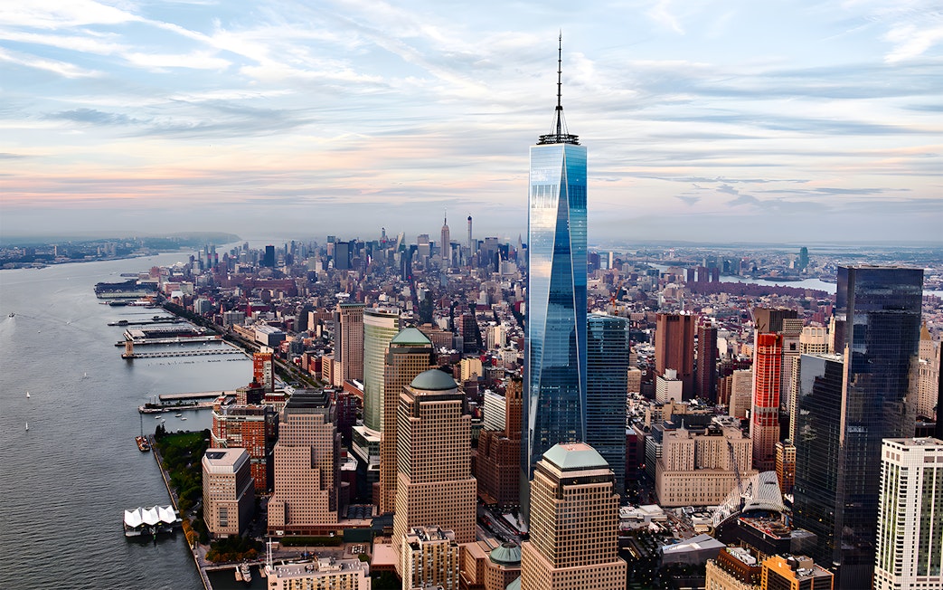 One World Observatory towering over New York City skyline.