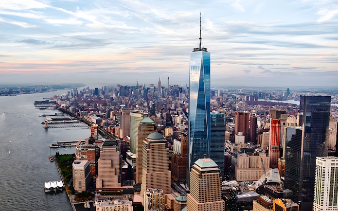 One World Observatory towering over New York City skyline.
