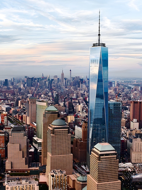 One World Observatory towering over New York City skyline.