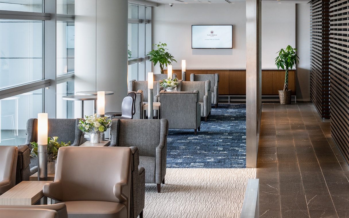 Plaza Premium Lounge seating area at Chubu Centrair International Airport with modern decor.