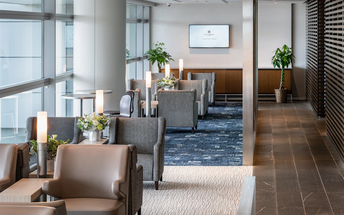 Plaza Premium Lounge seating area at Chubu Centrair International Airport with modern decor.