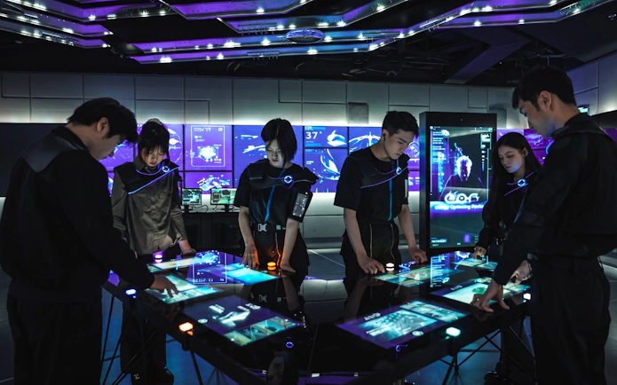Visitors interacting with digital displays at AI Dream Immersive Theater.