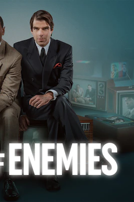 Two men in suits sit surrounded by vintage televisions displaying their images, with "Best of Enemies" text.