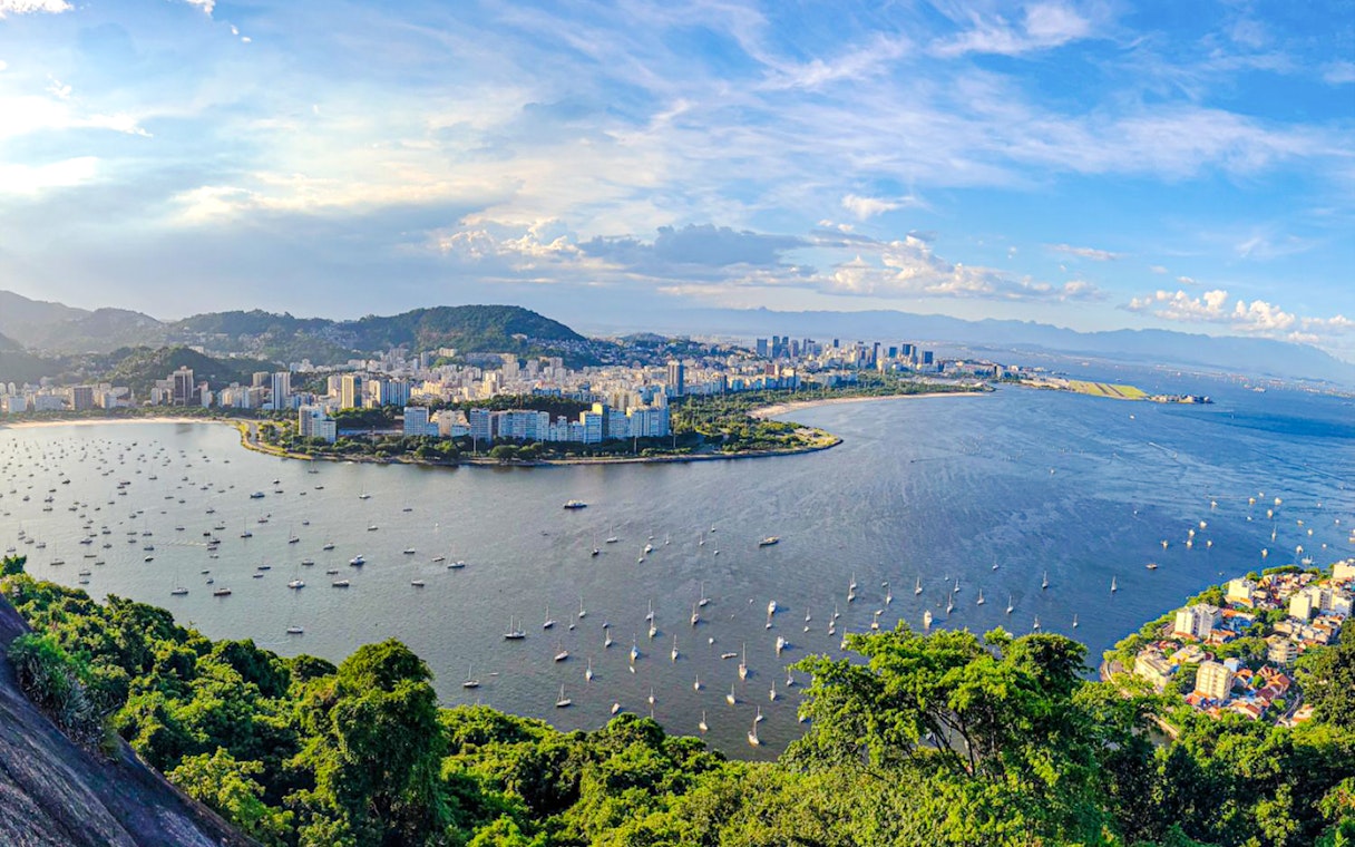 View of Rio de Janeiro's coastline and cityscape from Sugarloaf Mountain.