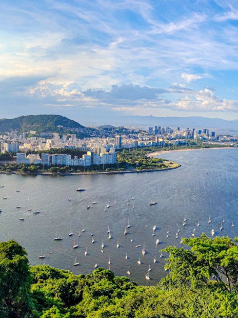 View of Rio de Janeiro's coastline and cityscape from Sugarloaf Mountain.