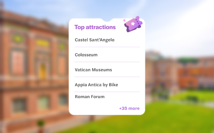 Go City Rome Explorer Pass attractions list with Castel Sant’Angelo, Colosseum, Vatican Museums.