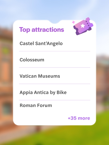 Go City Rome Explorer Pass attractions list with Castel Sant’Angelo, Colosseum, Vatican Museums.