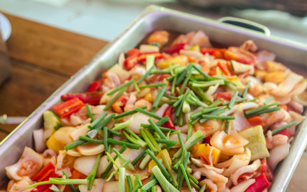 Buffet lunch with seafood and vegetables at Surin Island.