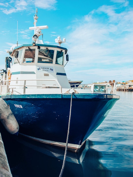 Vinur boat docked for whale spotting cruise in Iceland.
