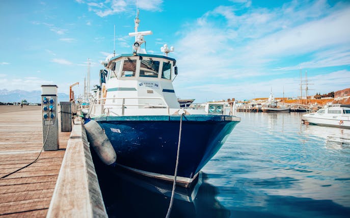 Vinur boat docked for whale spotting cruise in Iceland.