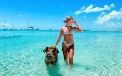 Swimming with a pig in clear Exuma waters, Bahamas, with sailboats in the background.