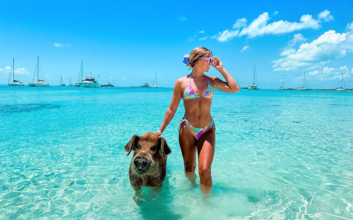 Swimming with a pig in clear Exuma waters, Bahamas, with sailboats in the background.