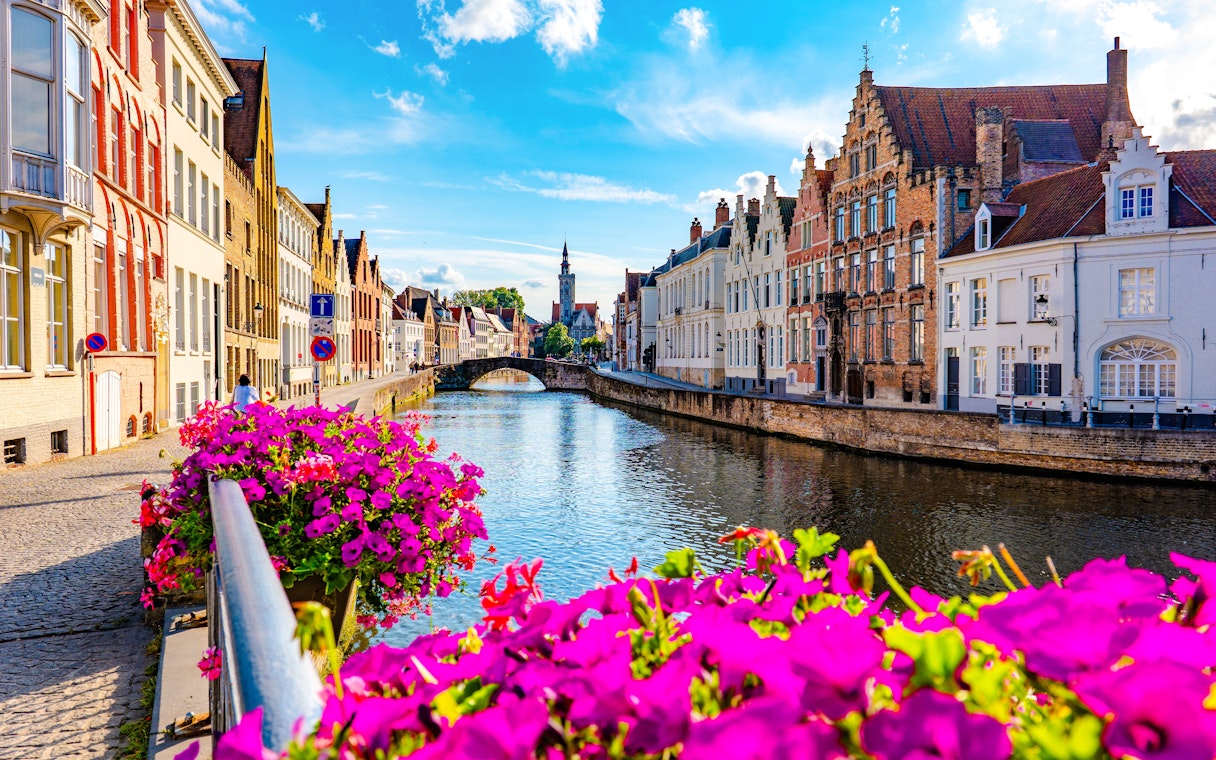 Brugge canal with historic buildings and vibrant flowers along the water.