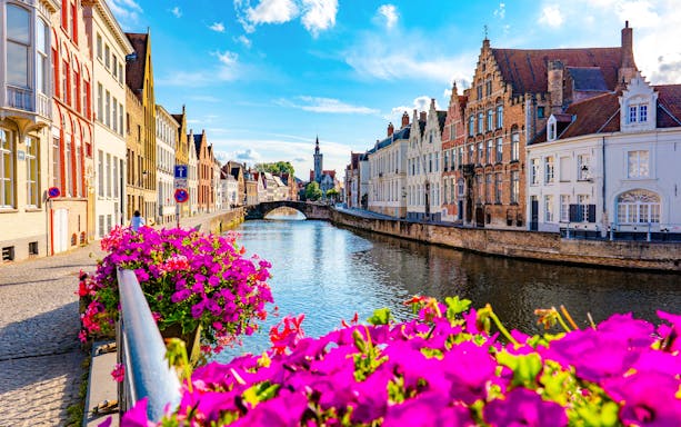 Brugge canal with historic buildings and vibrant flowers along the water.