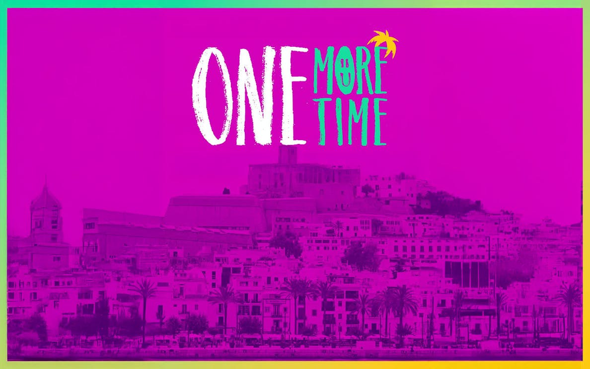 One More Time Ibiza event logo with cityscape background in vibrant colors.