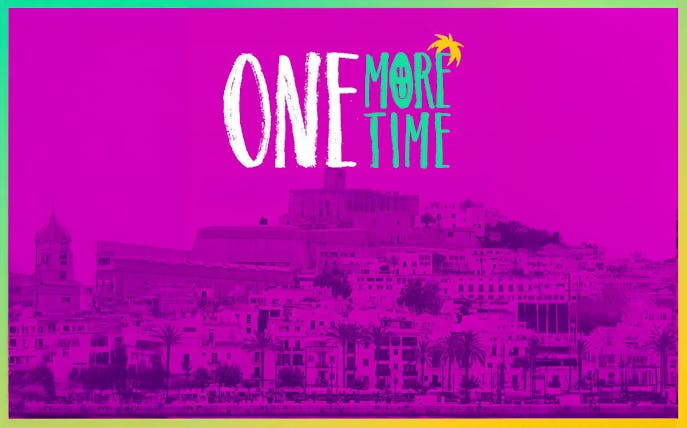 One More Time Ibiza event logo with cityscape background in vibrant colors.