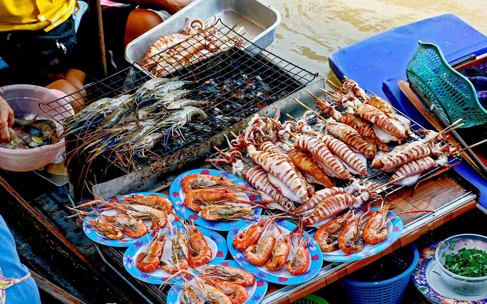 Seafood being made in a floating market, Bangkok, Thailand