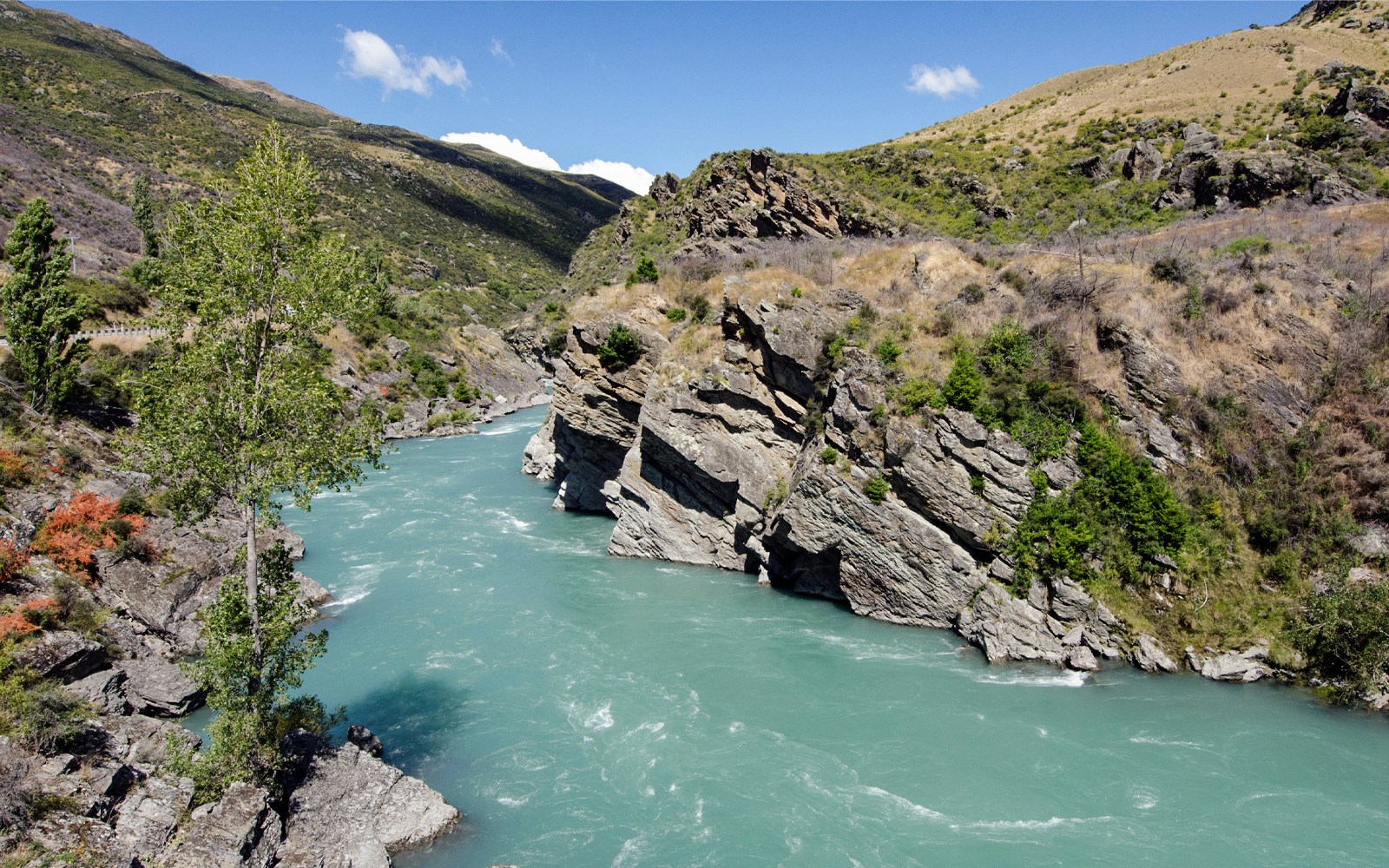 Skippers Canyon river with rocky cliffs and greenery, ideal for jet boat tours.