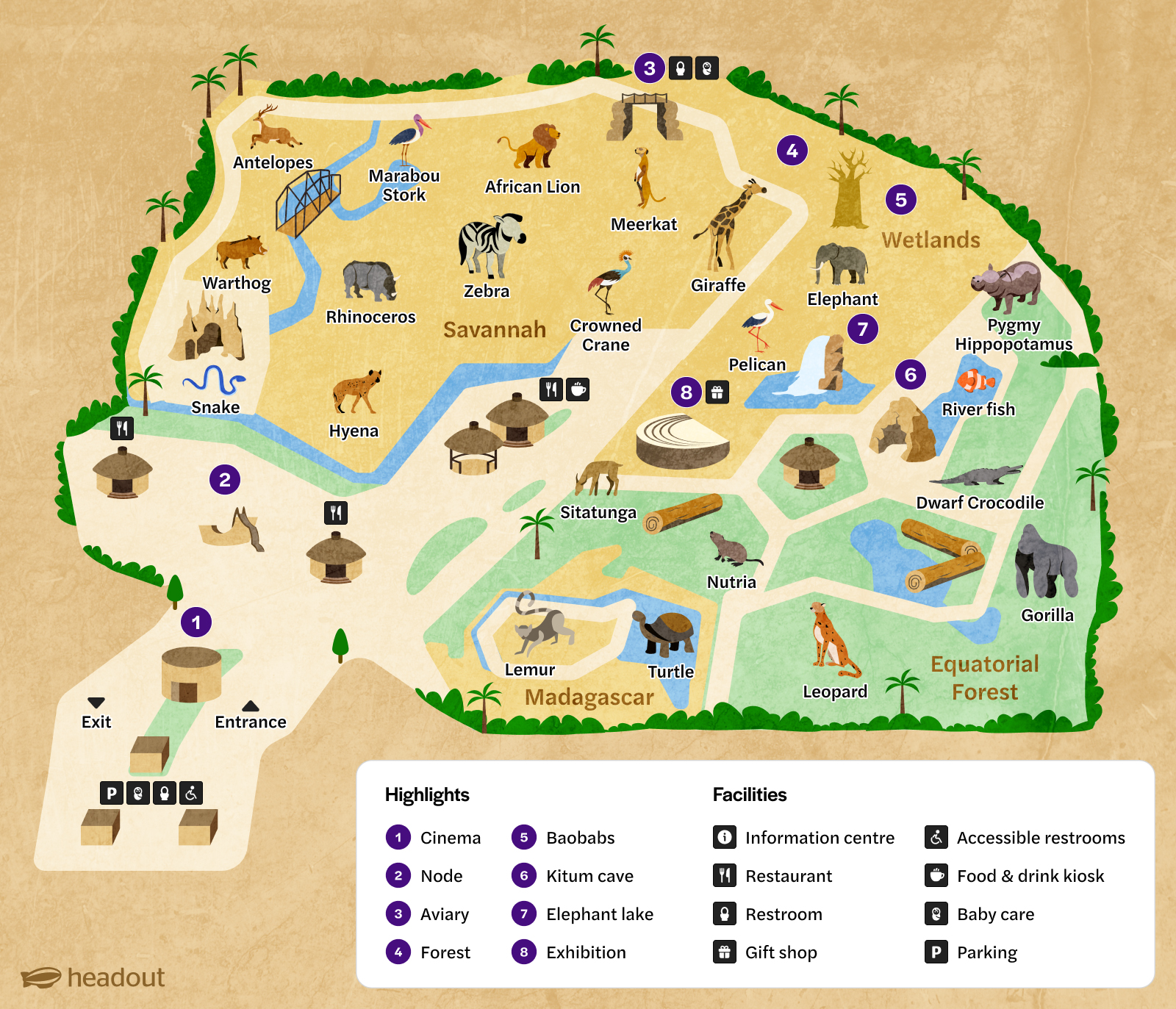 Bioparc Valencia map showing animal habitats like Savannah and Wetlands, with facilities and highlights.