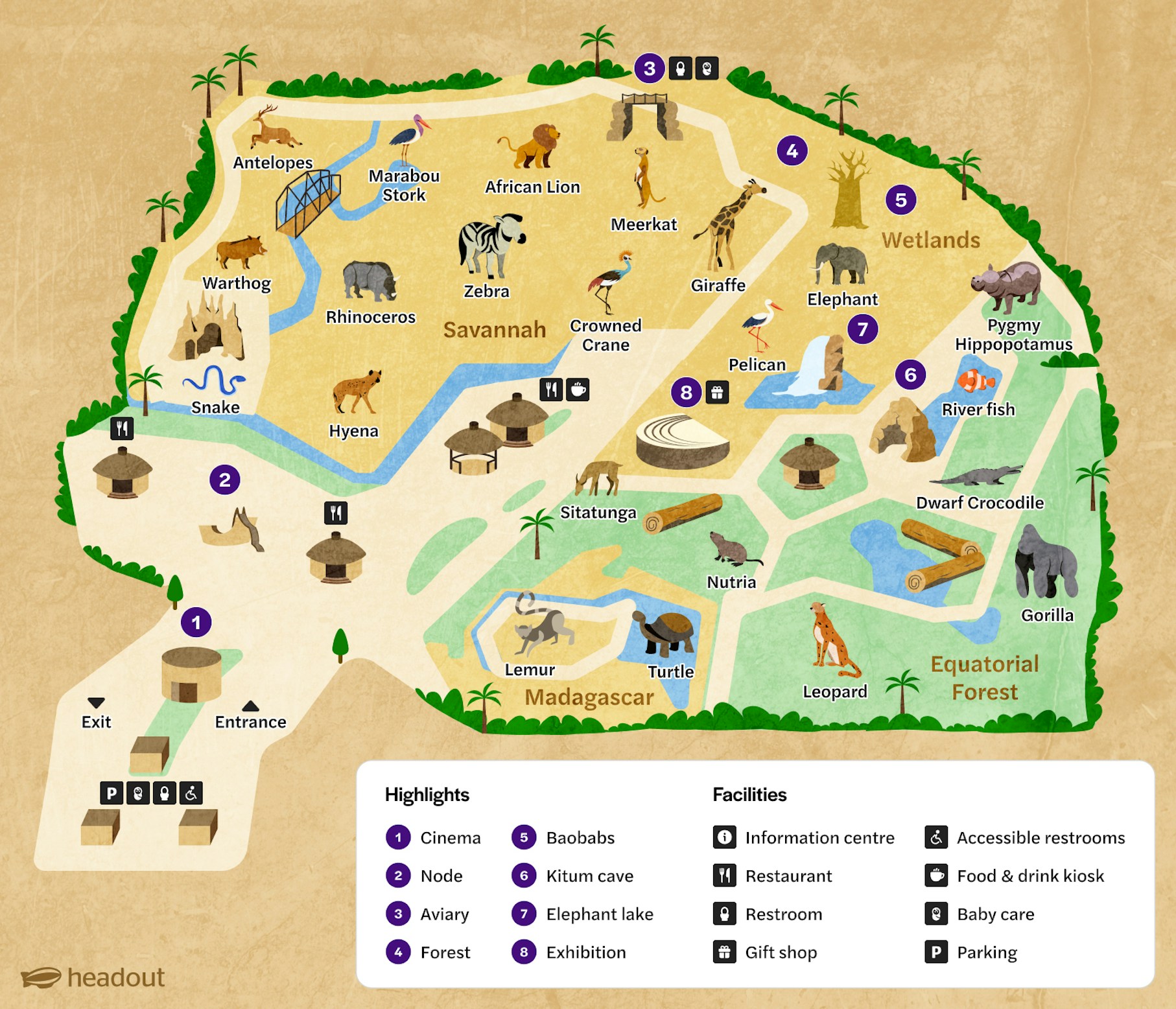 Bioparc Valencia map showing animal habitats like Savannah and Wetlands, with facilities and highlights.