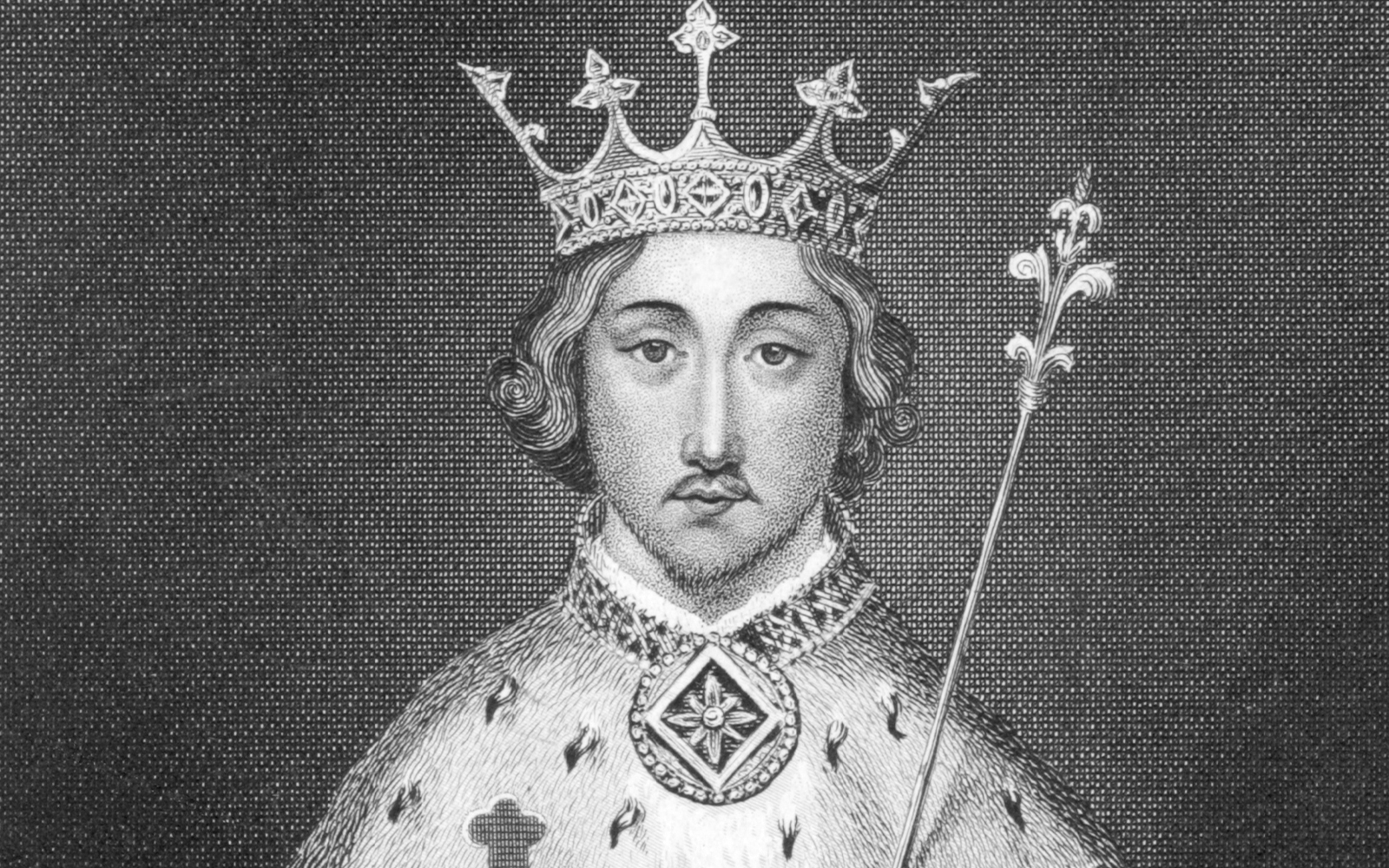 Engraving of King Richard II wearing a crown and holding a scepter.
