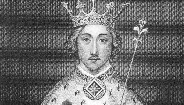 Engraving of King Richard II wearing a crown and holding a scepter.