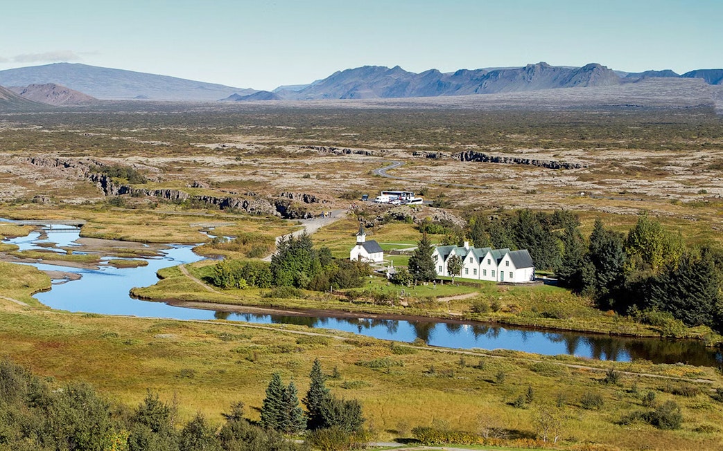 Aerial view of Thingvellir National Park with church and river, Iceland.