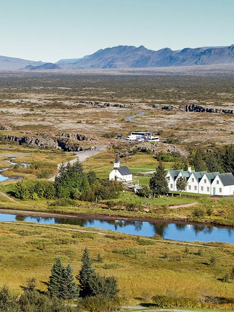 Aerial view of Thingvellir National Park with church and river, Iceland.
