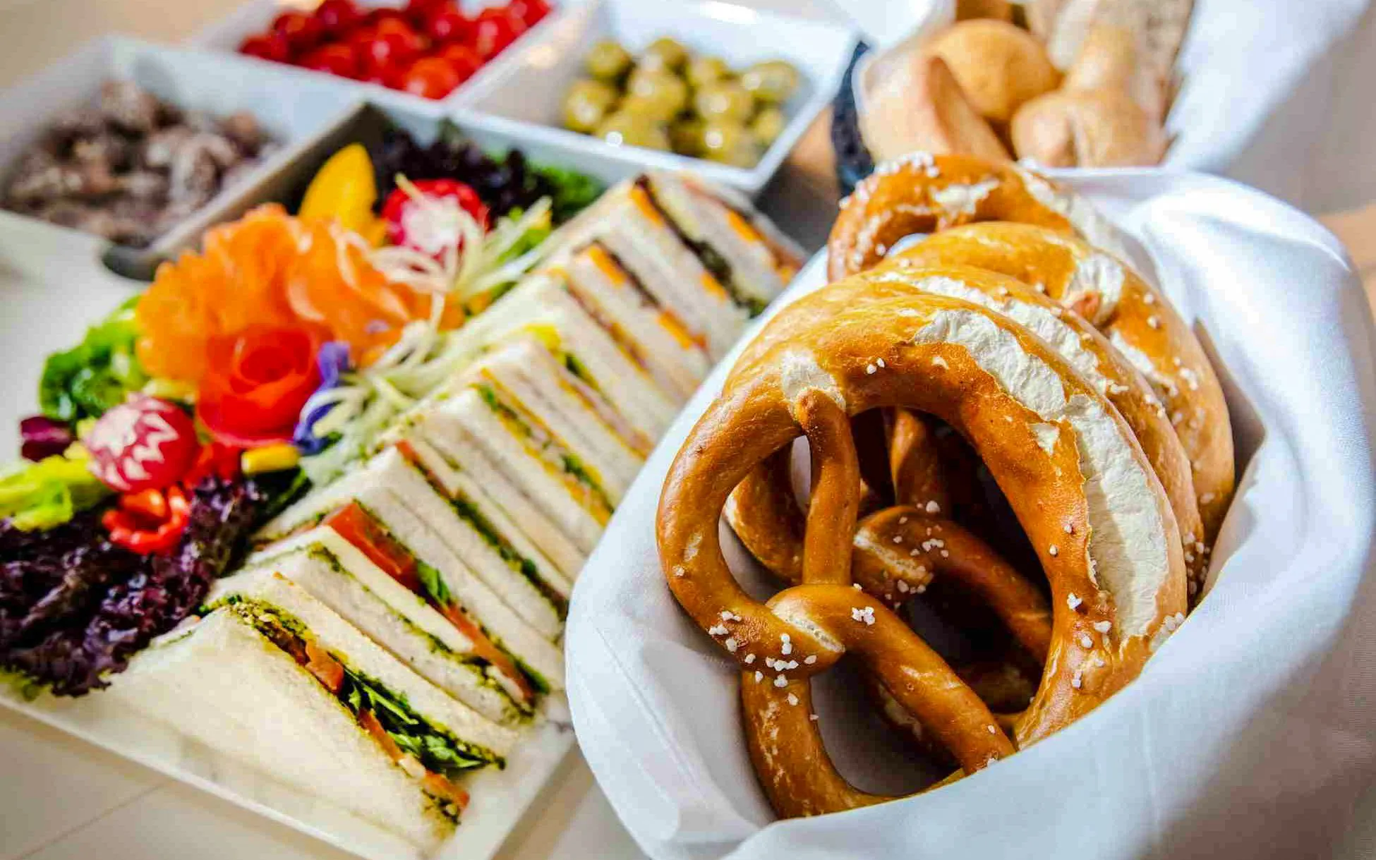 Assorted sandwiches and pretzels served at Airport Lounge Europe, Munich Airport.