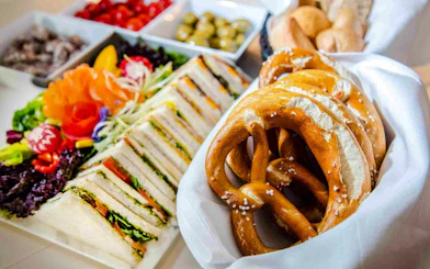Assorted sandwiches and pretzels served at Airport Lounge Europe, Munich Airport.