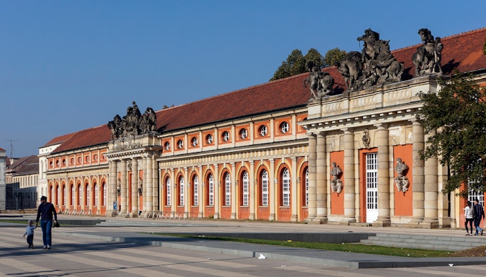 Marstall Museum interior with historic carriages, Nymphenburg Palace, Munich.