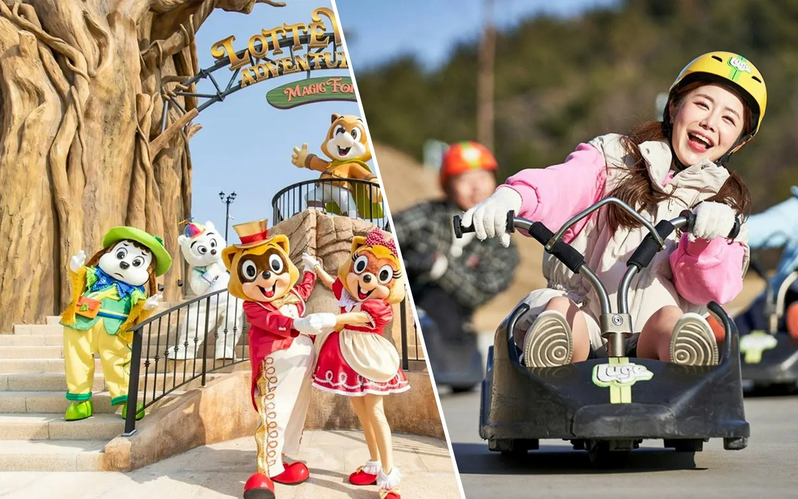 Lotte World Adventure Busan mascots and Skyline Luge ride in Busan.