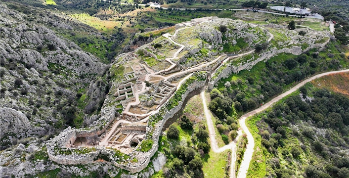 Ancient citadel of Mycenae with ruins and pathways, Argolida, Greece.